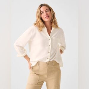 Faherty Getaway Shirt Women Small Button Collar Wood Cream Beach Vacation Resort
